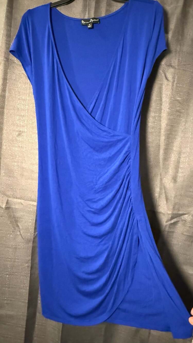 Royal Blue Cap Sleeve V-Neck Faux Wrap Ruched Dress Size M